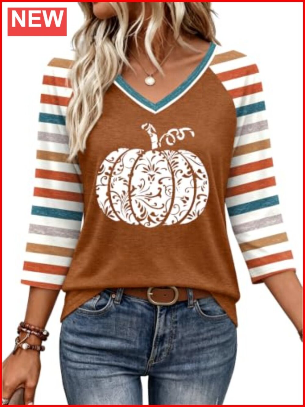 Halloween Shirt Women 3/4 Sleeve V Neck Pumpkin Plaid Tee